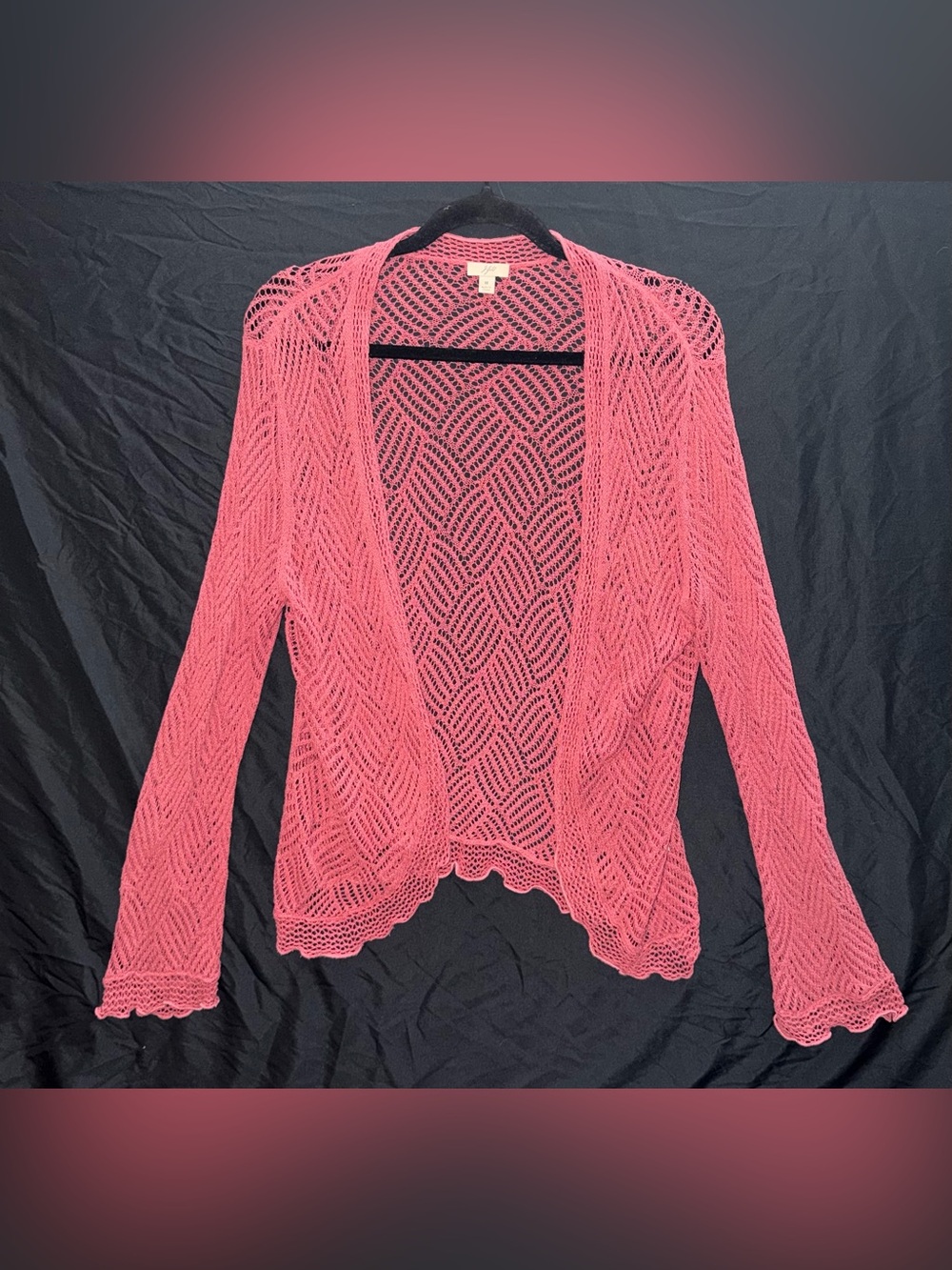 J. Jill Pink Open Cardigan Sweater Crochet Ruffled Size Medium EUC